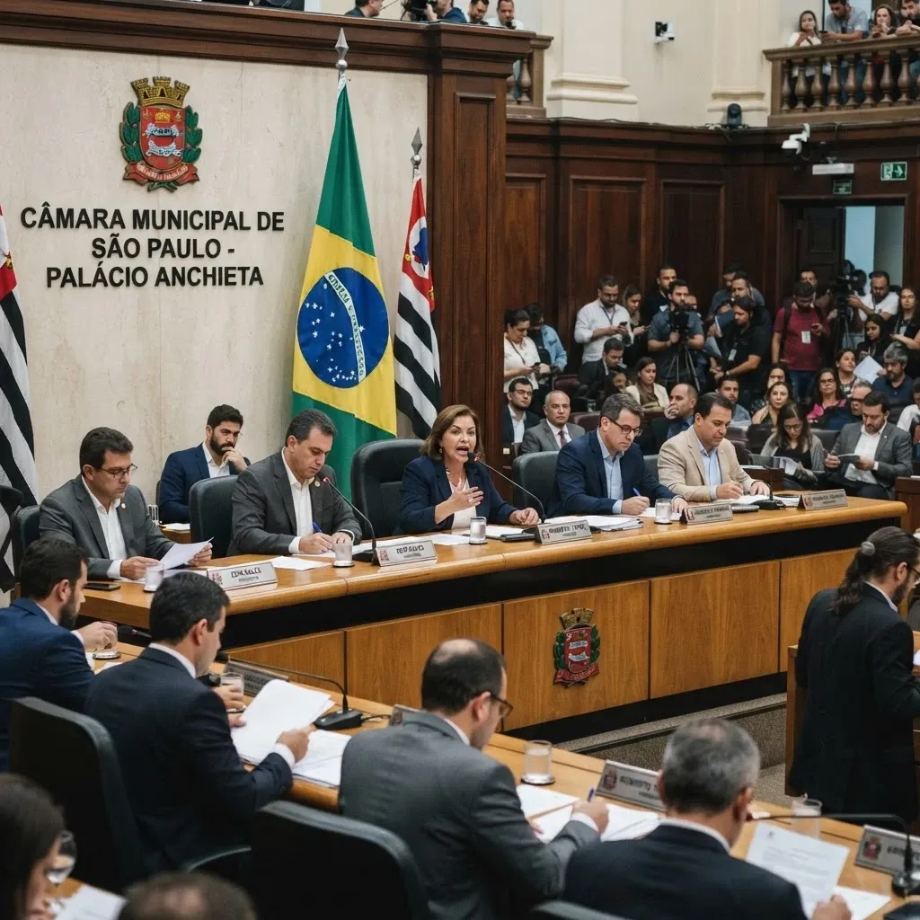 Plenário legislativo vazio com cadeiras dispostas em semicírculo
